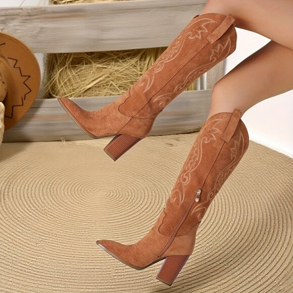 Knee High Cowboy Boots Pointed Toe Chunky High Heels Pull-on Embroidered - Picture 1 of 2